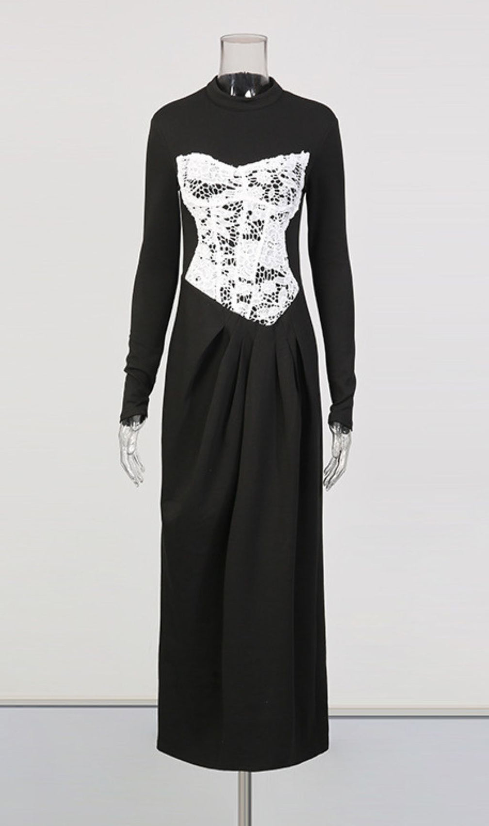 Elegant Black Maxi Dress with White Lace Corset Bodice | Long Sleeve Formal Gown
