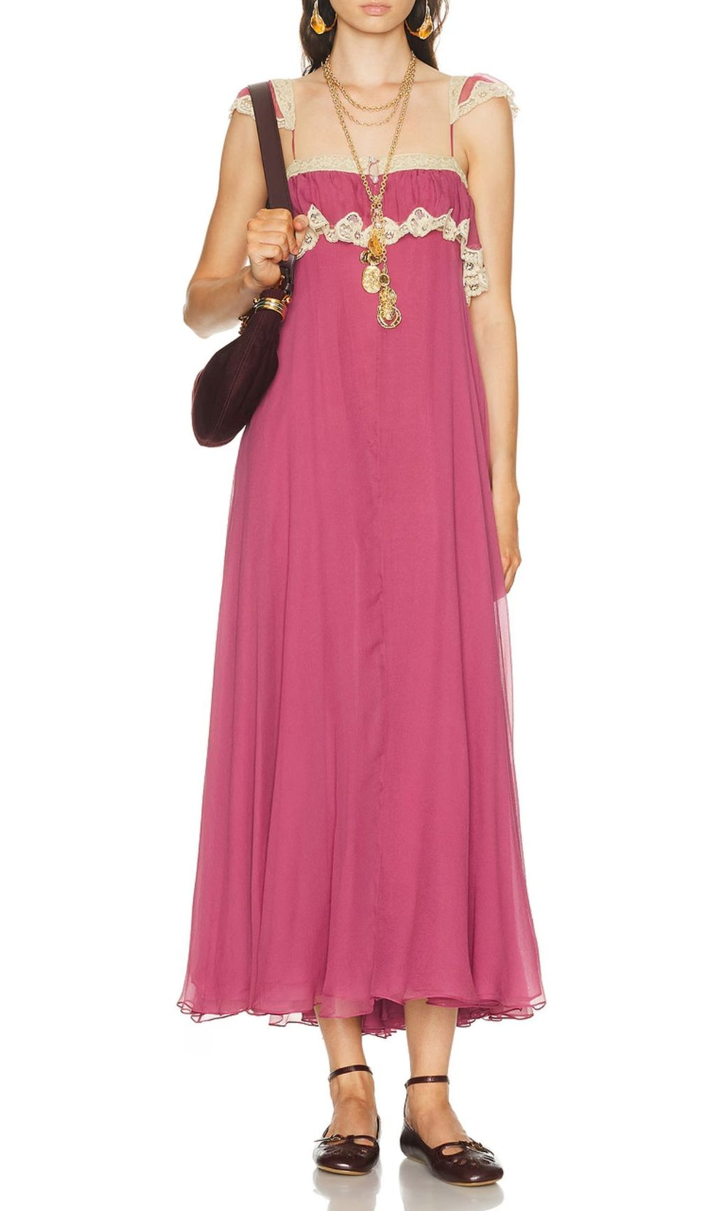 Karis Romantic Fuchsia Lace Trim Maxi Dress - Flowing Chiffon Elegance