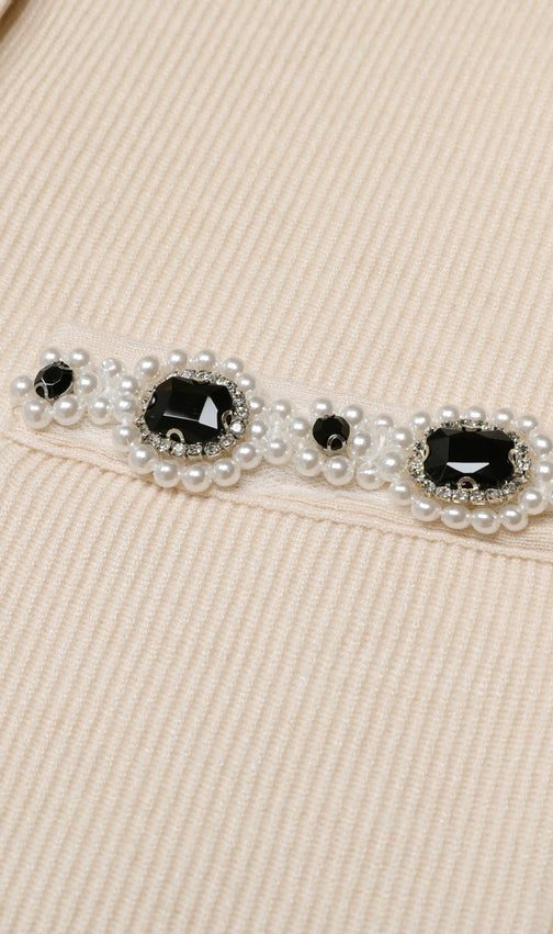 Jie Luxe Knit Embellished Cardigan & Flared Skirt Set - Effortless Apricot Chic