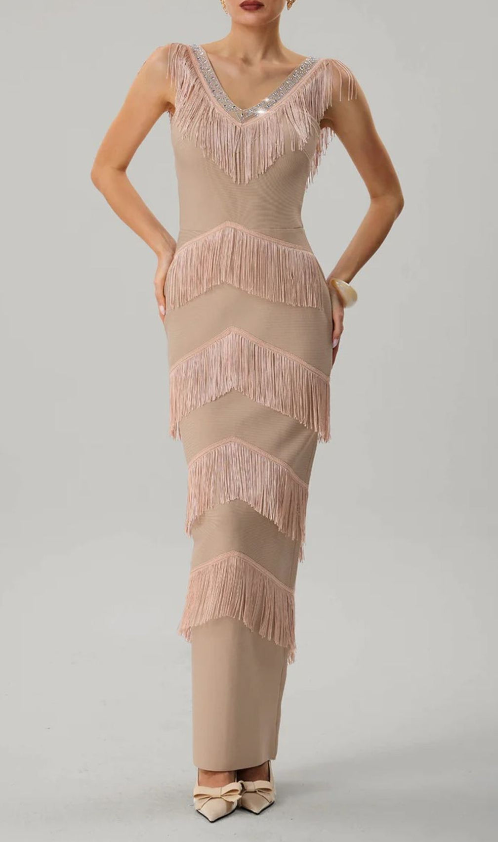 Kaleidrix V Neck Fringe Split Bandage Maxi Dress