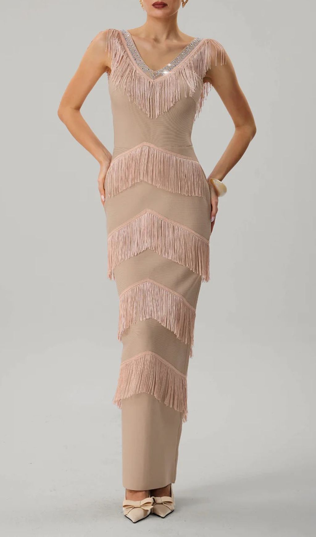 Kaleidrix V Neck Fringe Split Bandage Maxi Dress