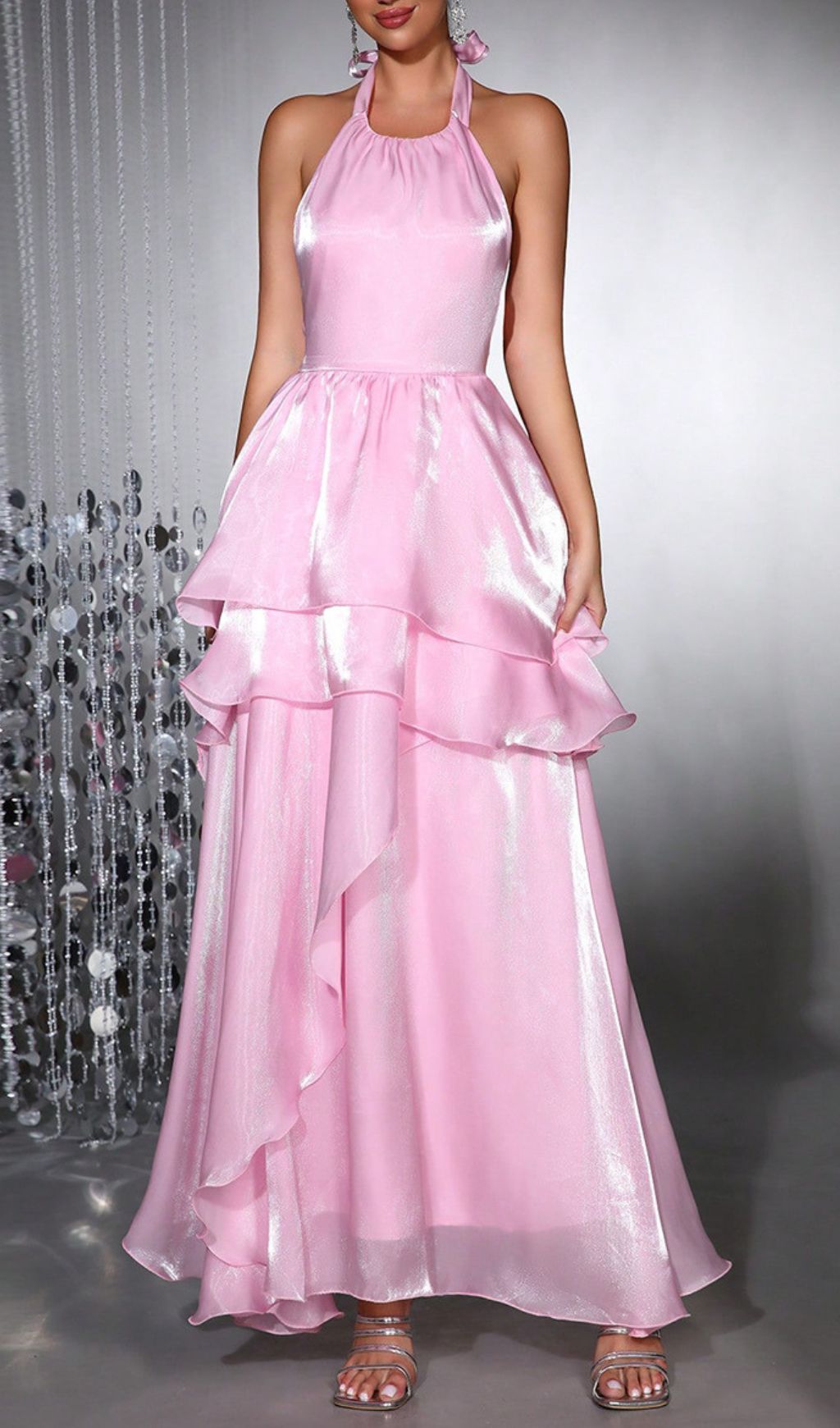 Haloke Shimmer Pink Halter Tiered Ruffle Maxi Dress - Elegant Occasion Gown
