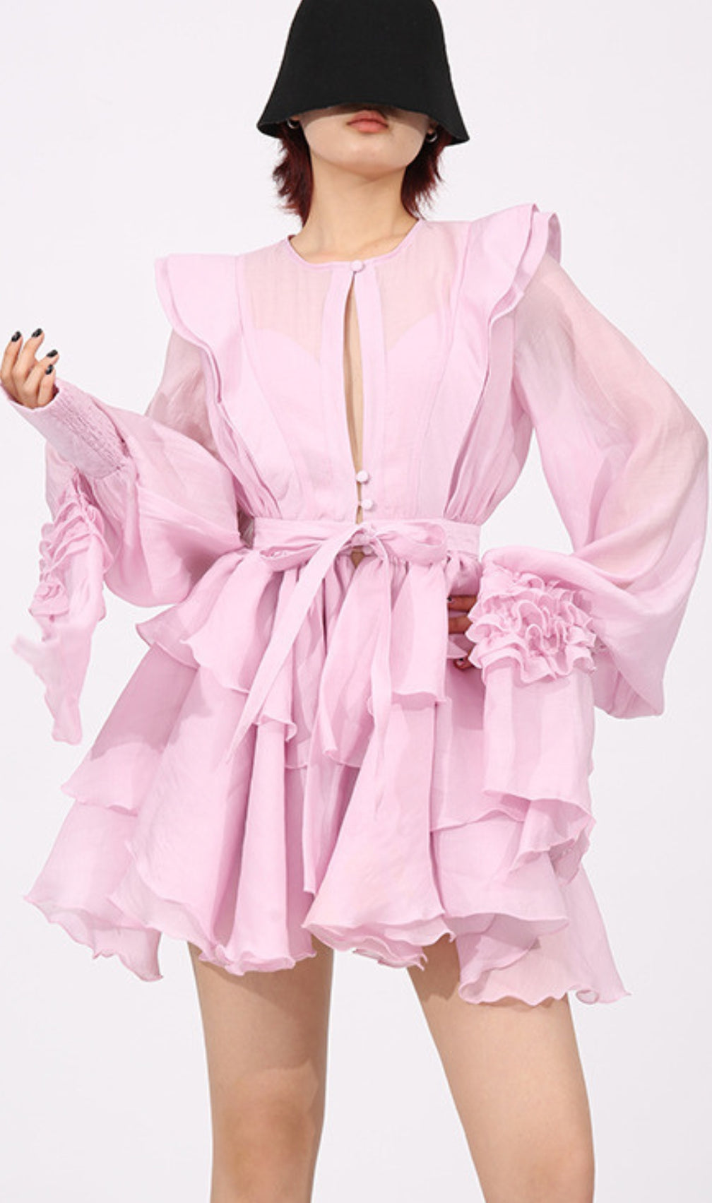 Fleur Pink Long Sleeve Ruffle Mini Dress