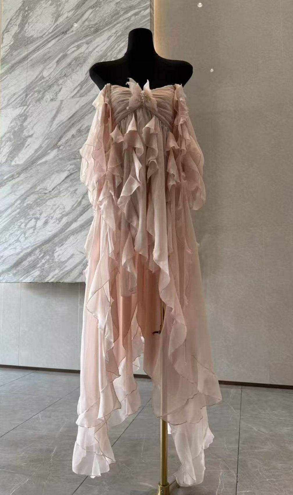Komali Pink Halter Butterfly Ruffle Maxi Dress