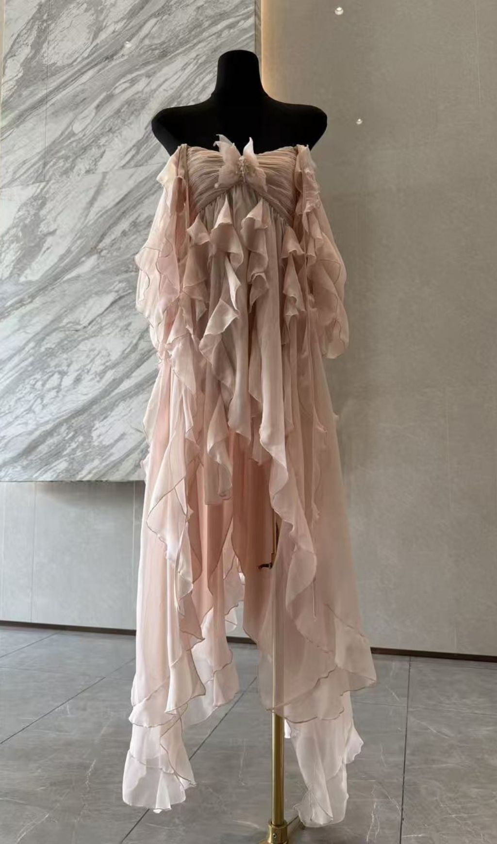 Komali Pink Halter Butterfly Ruffle Maxi Dress