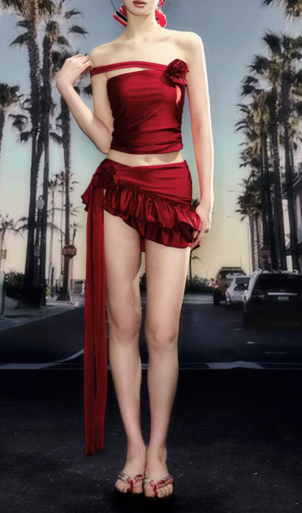 Doga Red Flower Three-Piece Swimsuit