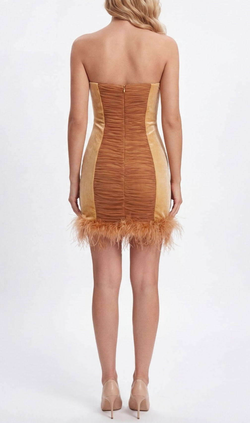 Kazuhito Glamour: Strapless Velvet Feather Mini Dress with Dazzling Diamante & Ruched Detail