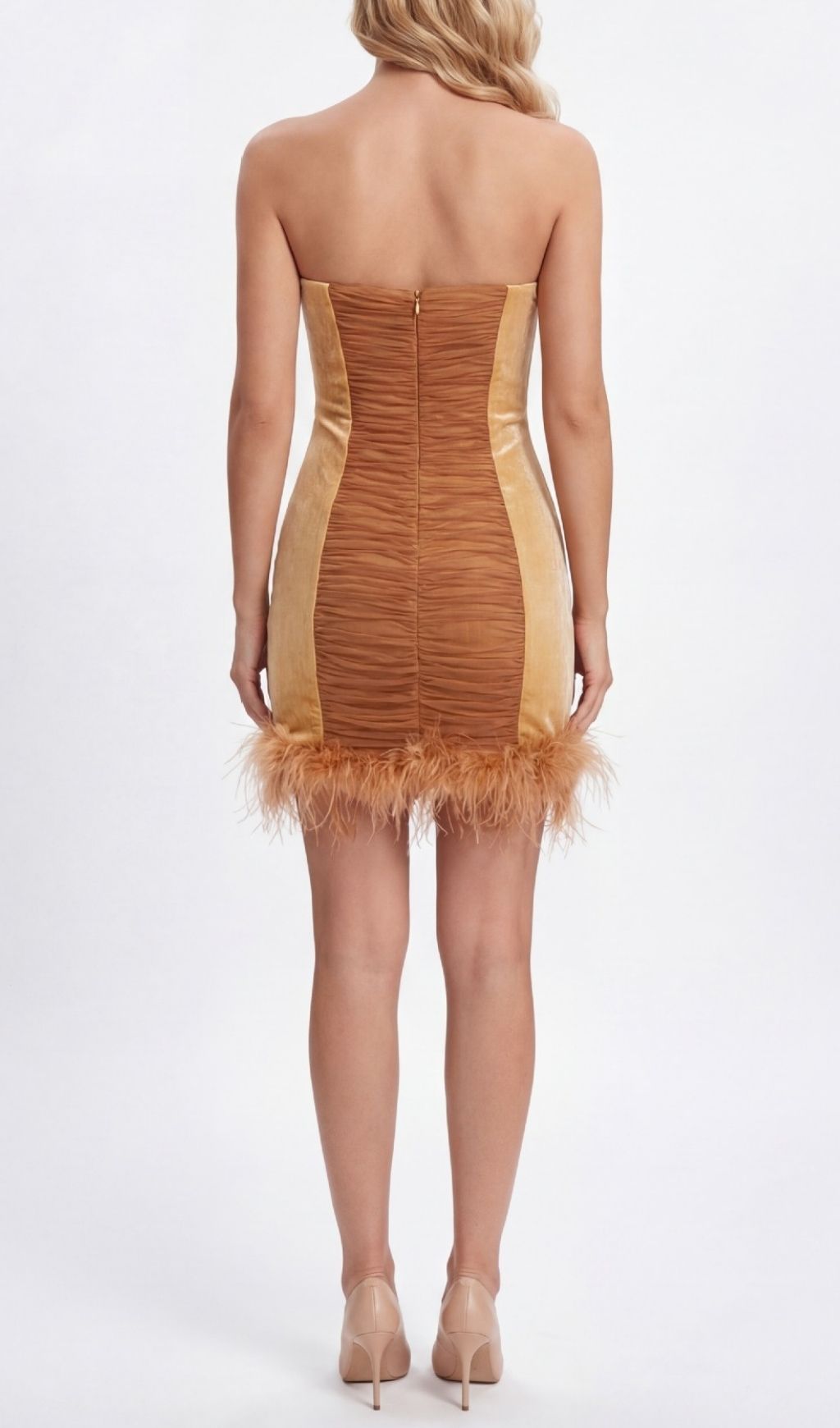 Kazuhito Glamour: Strapless Velvet Feather Mini Dress with Dazzling Diamante & Ruched Detail