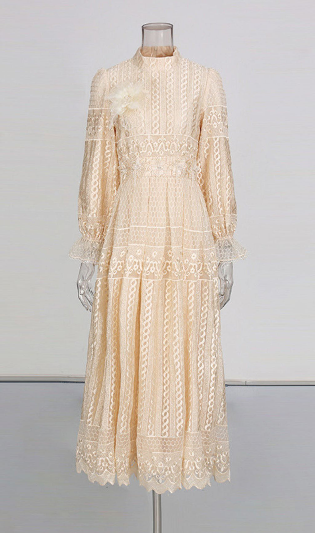 Ivah Romantic Blush Pink Floral Lace Midi Dress - Elegant Long Sleeve