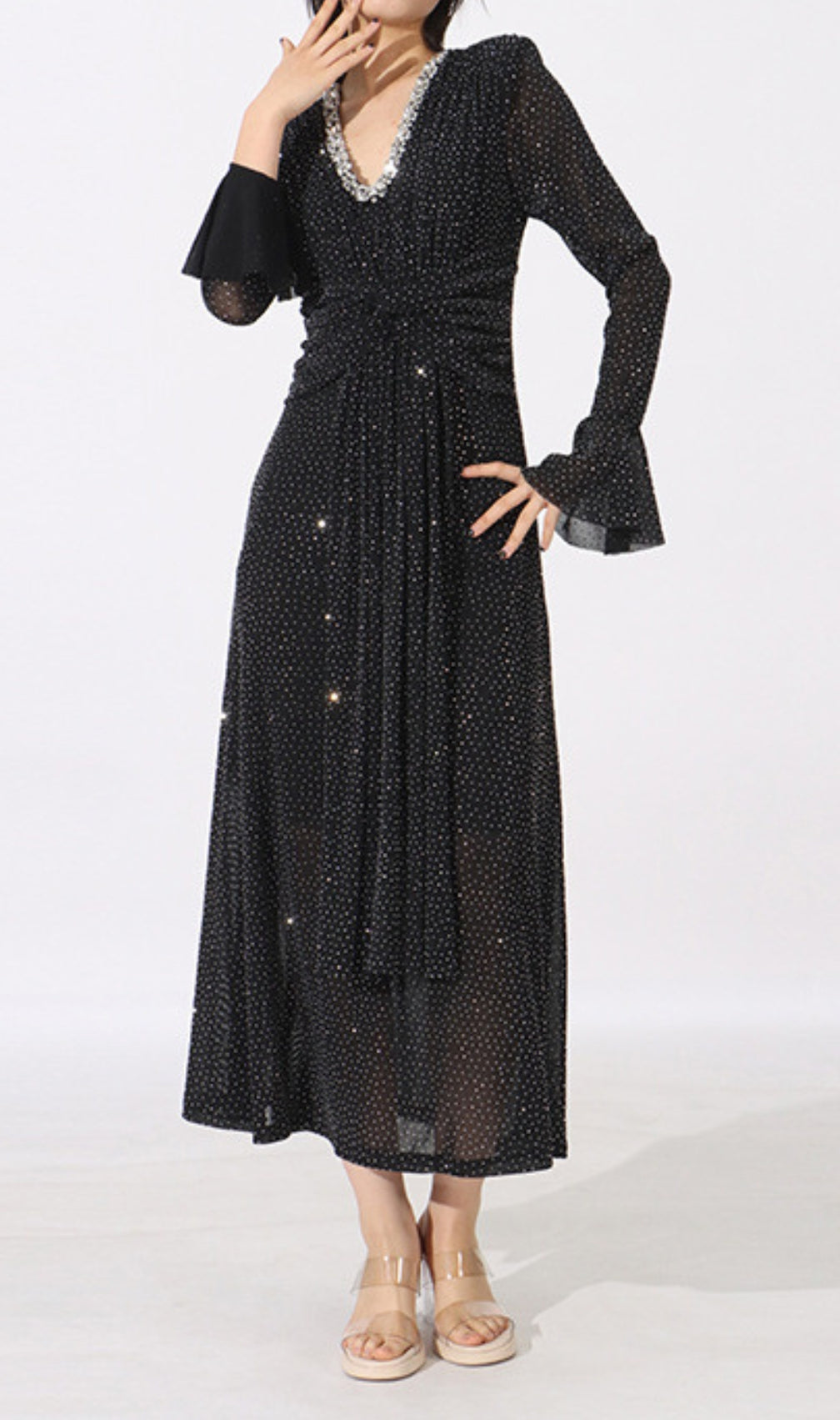 Encarna Black Diamond Long Sleeve Midi Dress