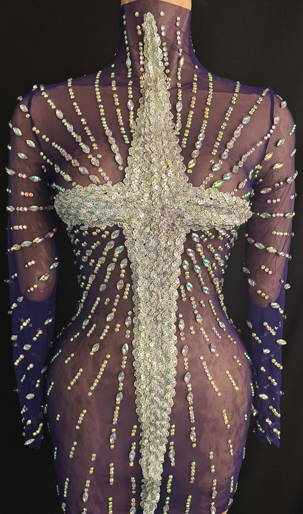 Joep Dazzling Diamante Mesh Mini Dress - Long Sleeve Sheer Sparkle Party Dress for Women