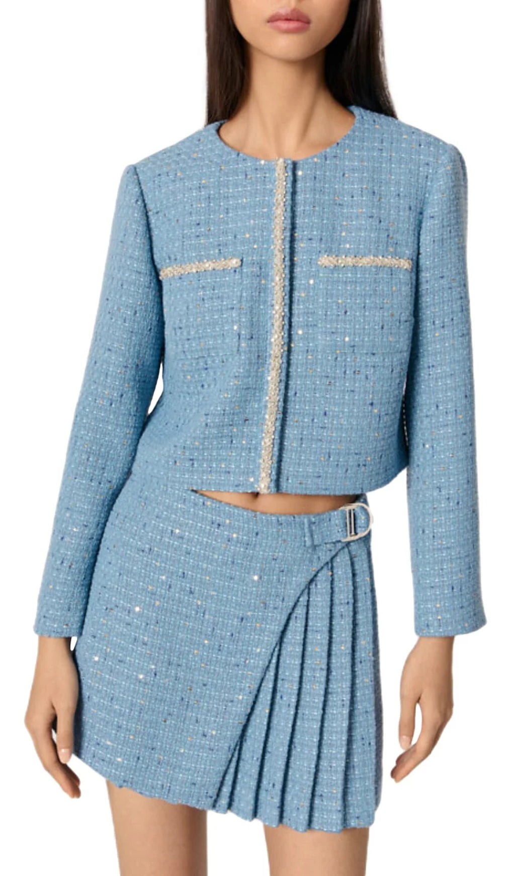 Short Sequin Embellished Tweed Jacket