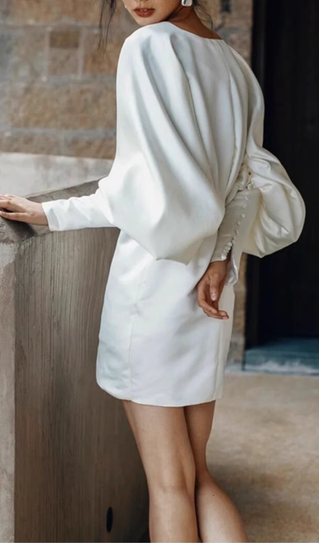 Coletta White V-Neck Long Sleeve Satin Mini Dress