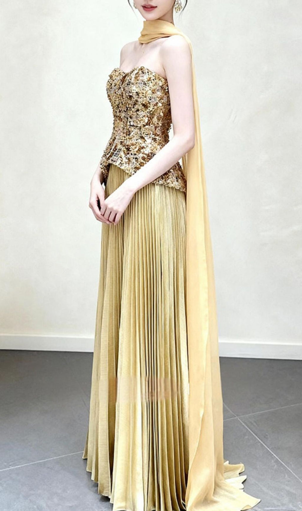 Kriti Gold Strapless Pleated Maxi Dress