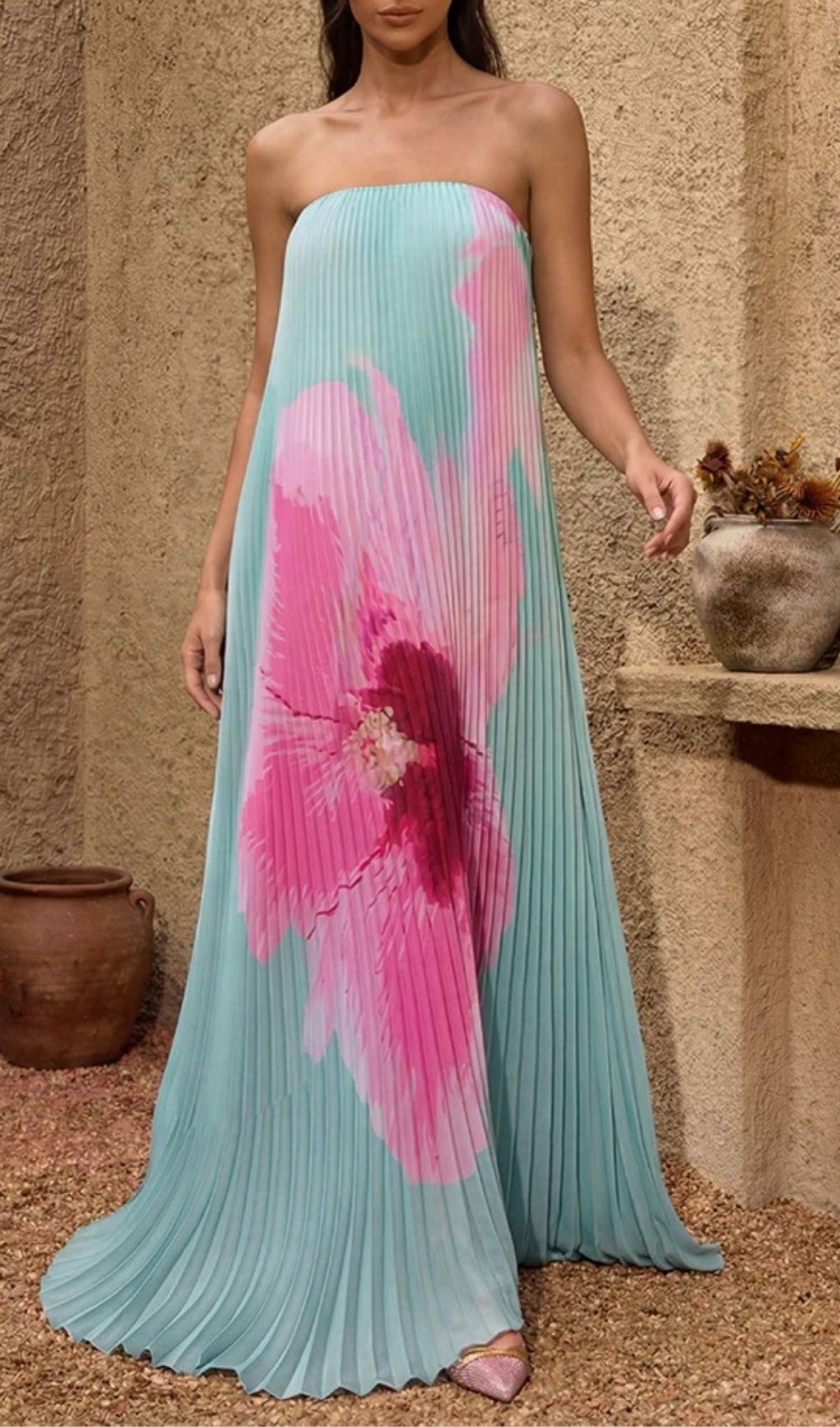 Yexila Summer Bloom Strapless Pleated Maxi Dress - Effortless Floral Elegance