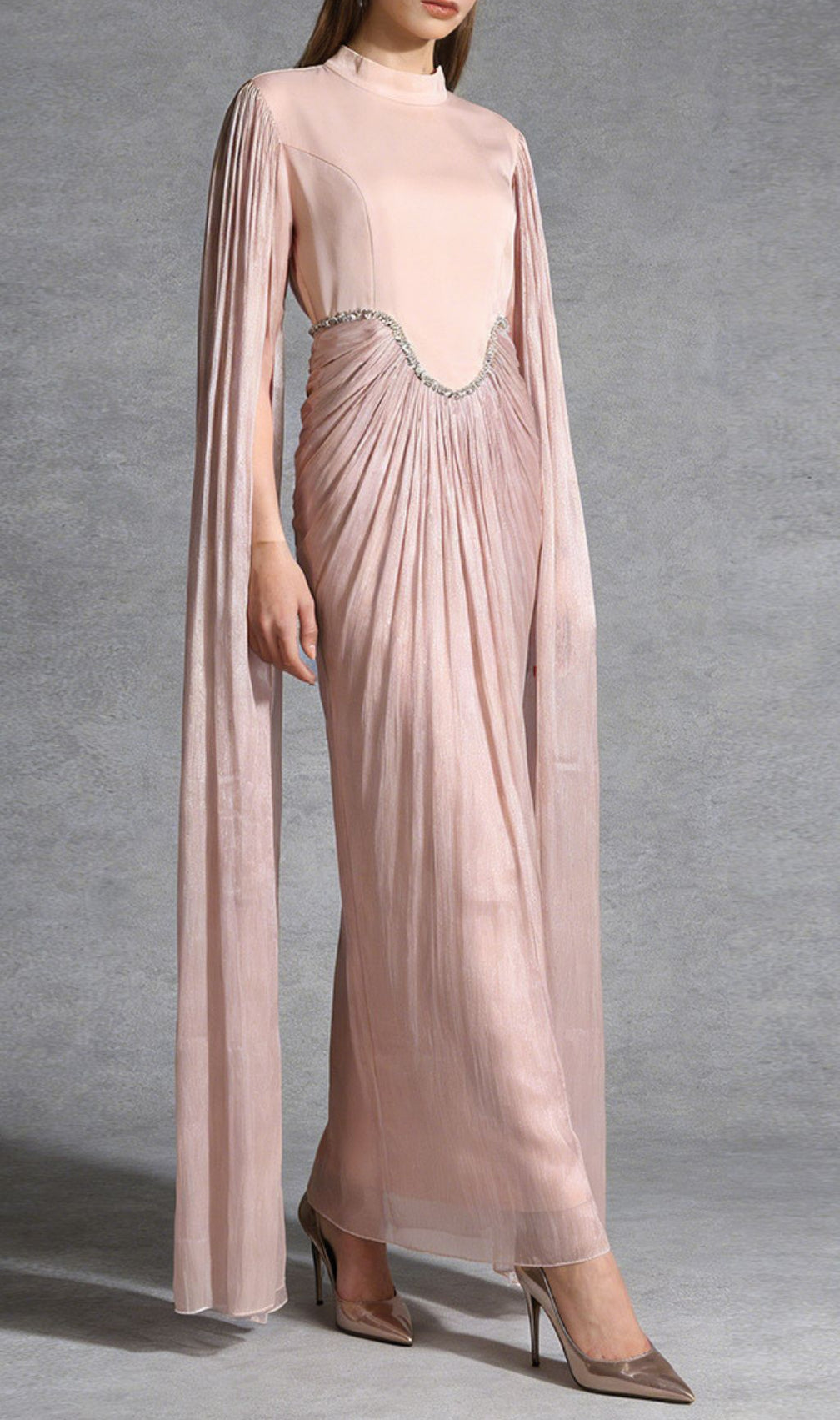 Kalyca Blush Pink Elegant Maxi Dress with Sweeping Cape Sleeves