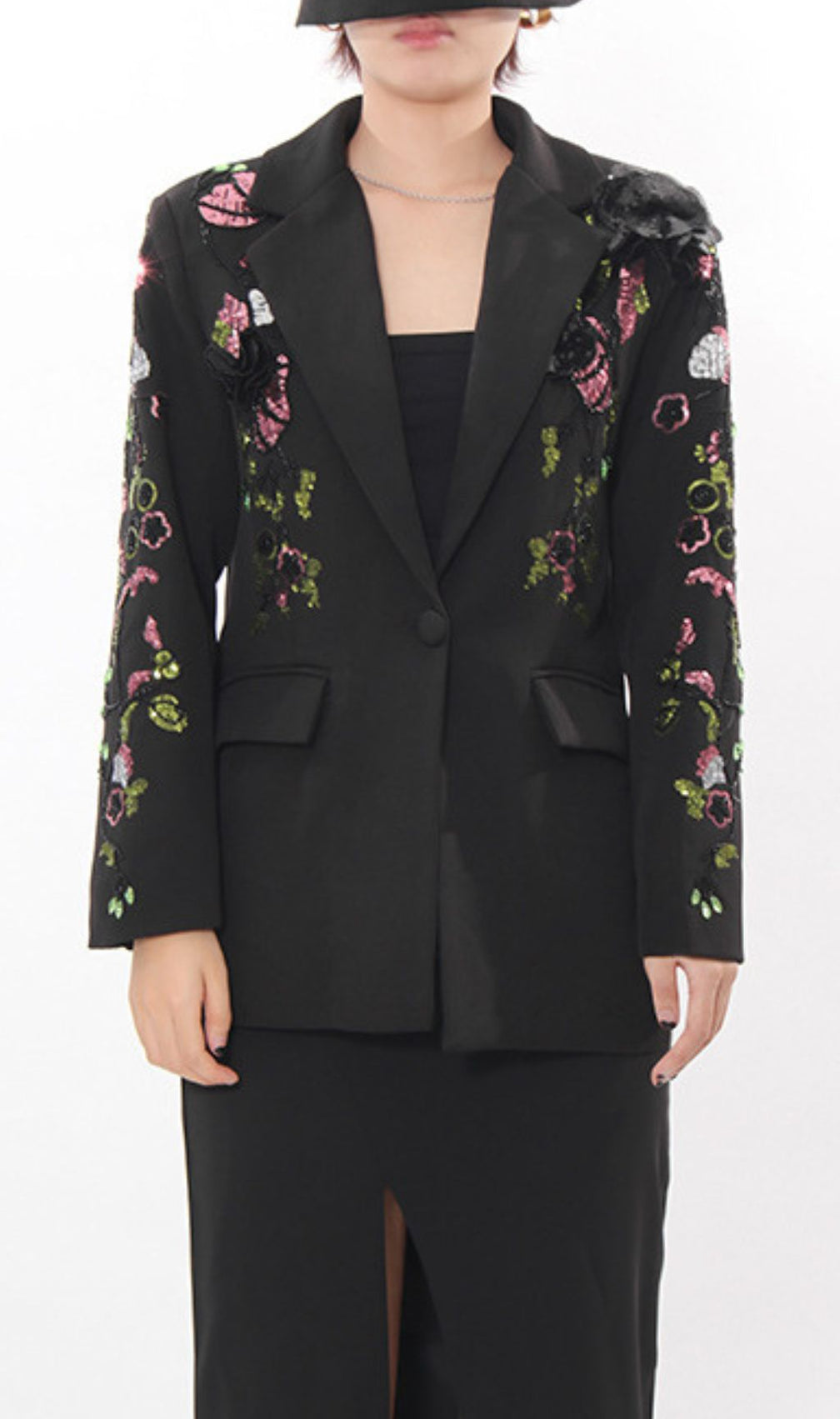 Ifama Black Sequin Floral Blazer - Women's Glam Statement Jacket