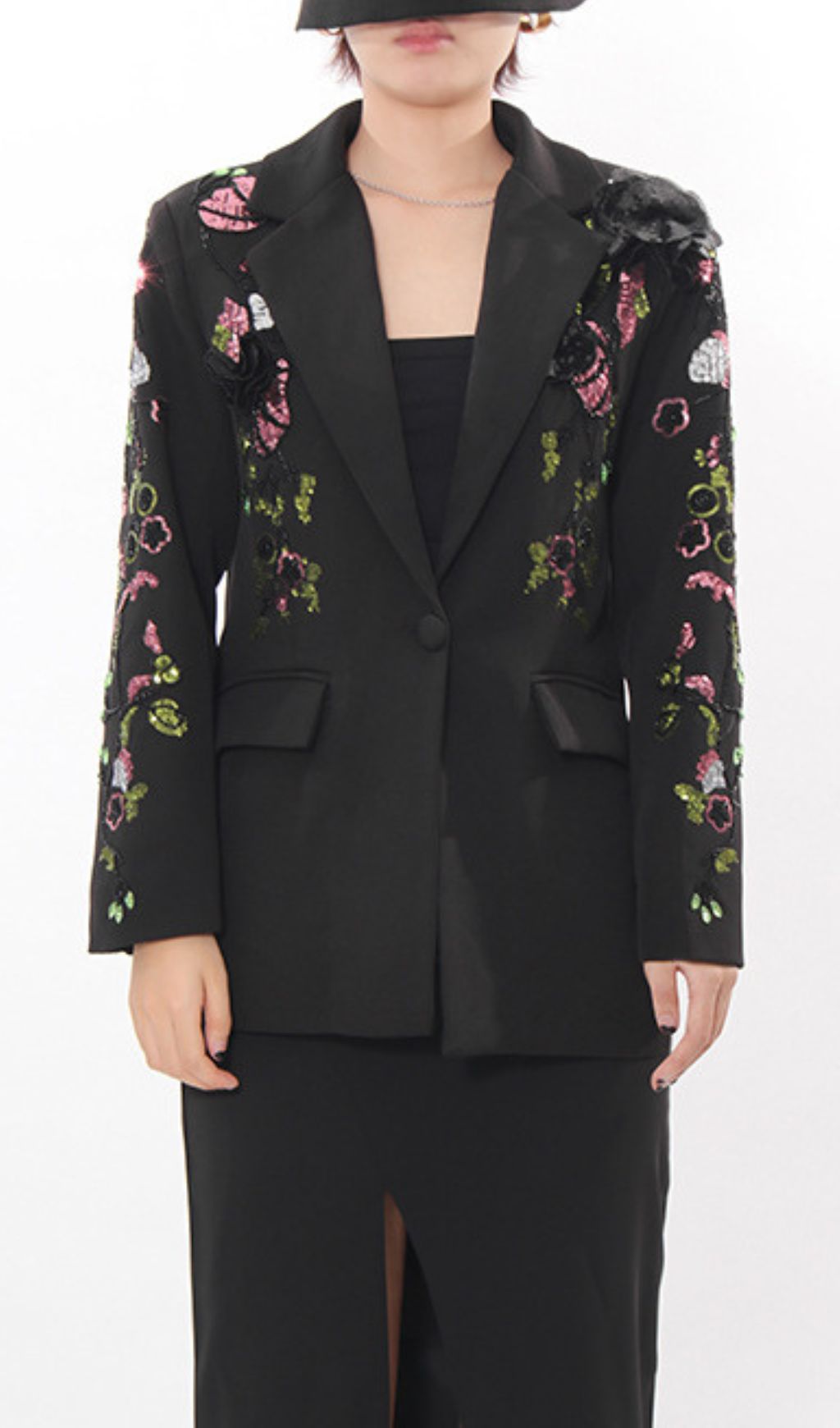 Ifama Black Sequin Floral Blazer - Women's Glam Statement Jacket