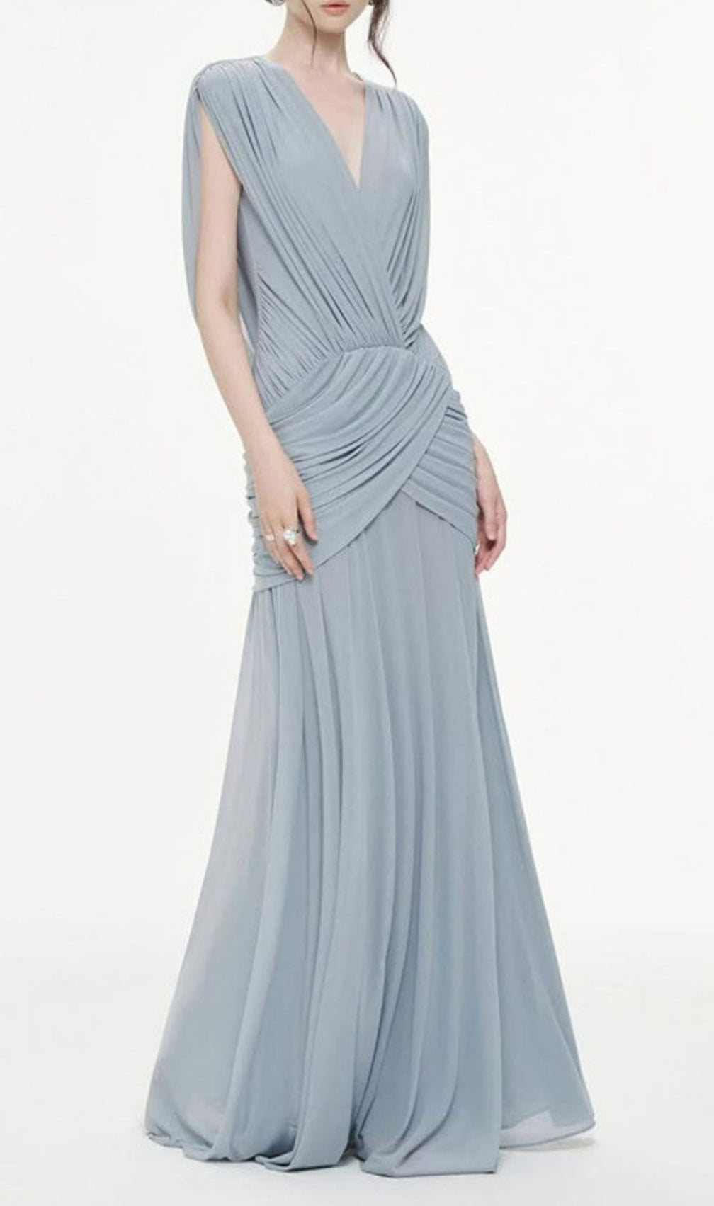 Kenia Blue Ruched V-Neck Maxi Dress: Elegant Evening & Gala Gown