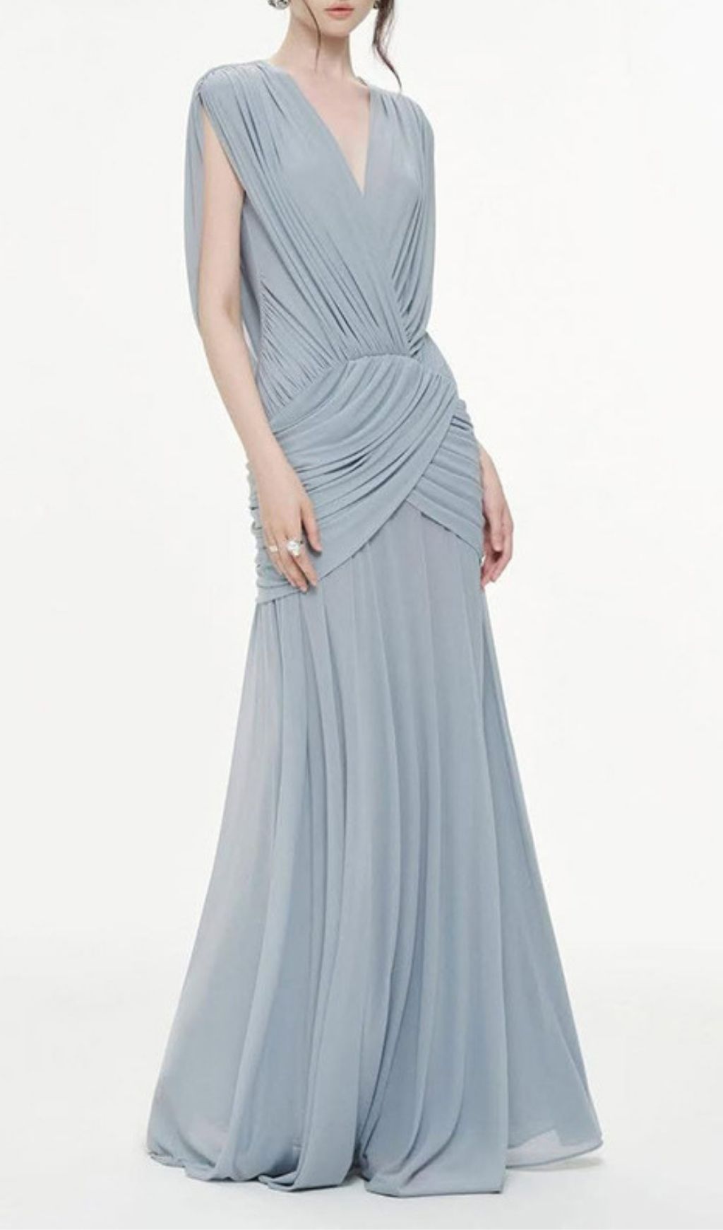 Kenia Blue Ruched V-Neck Maxi Dress: Elegant Evening & Gala Gown