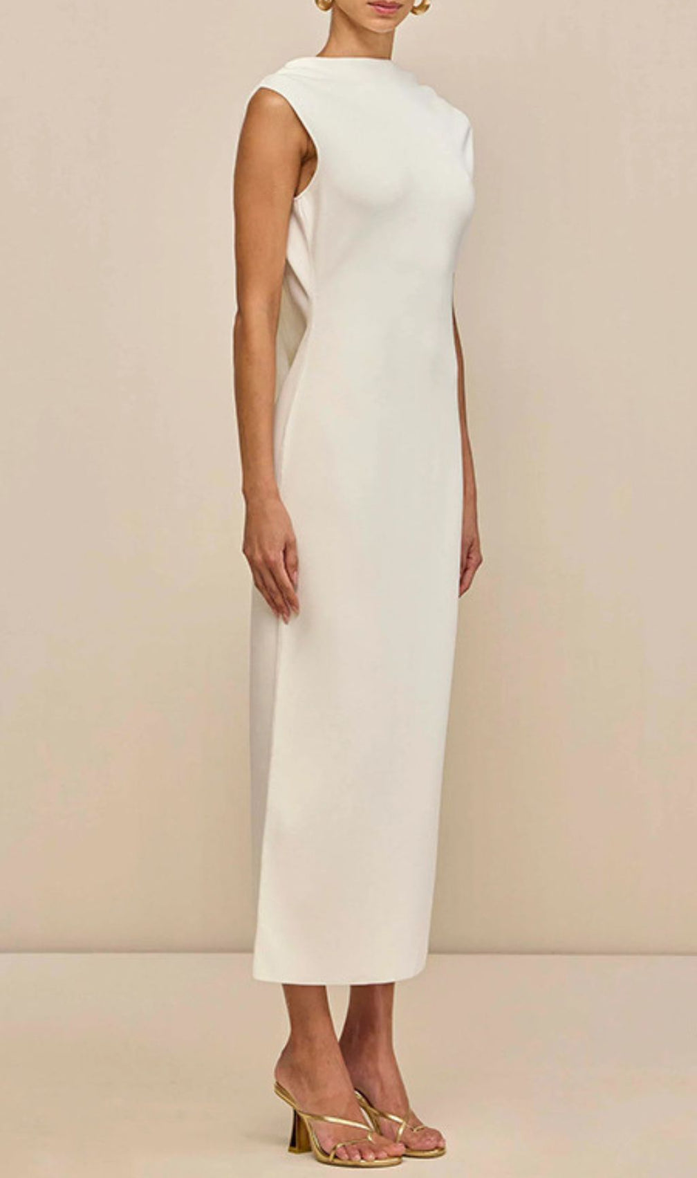 Ida White Backless Midi Dress: Ethereal Elegance with Golden Shoulder Detail