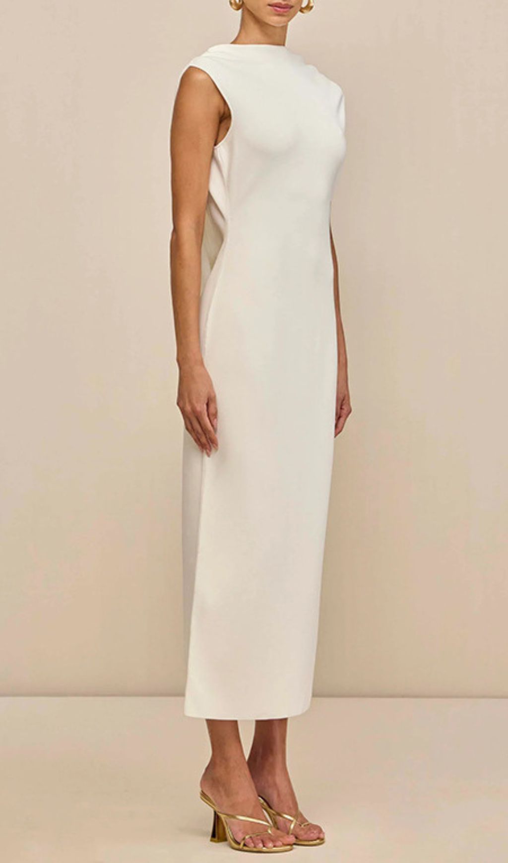 Ida White Backless Midi Dress: Ethereal Elegance with Golden Shoulder Detail