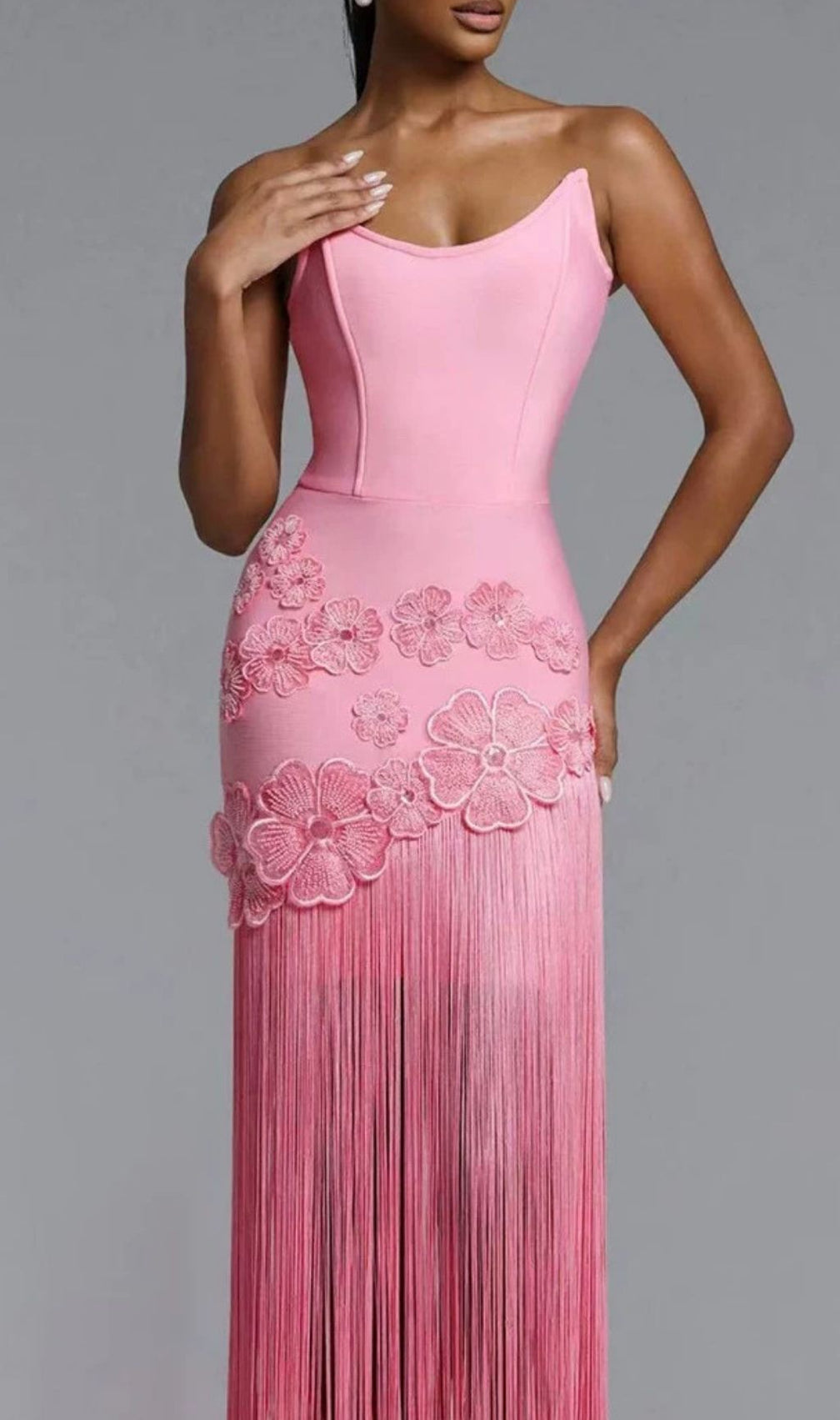 Koa Pink Strapless Flower Tassel Bandage Maxi Dress