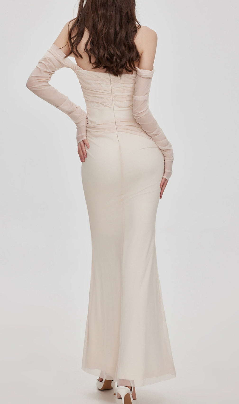 Beba Apricot Off Shoulder Mesh Maxi Dress