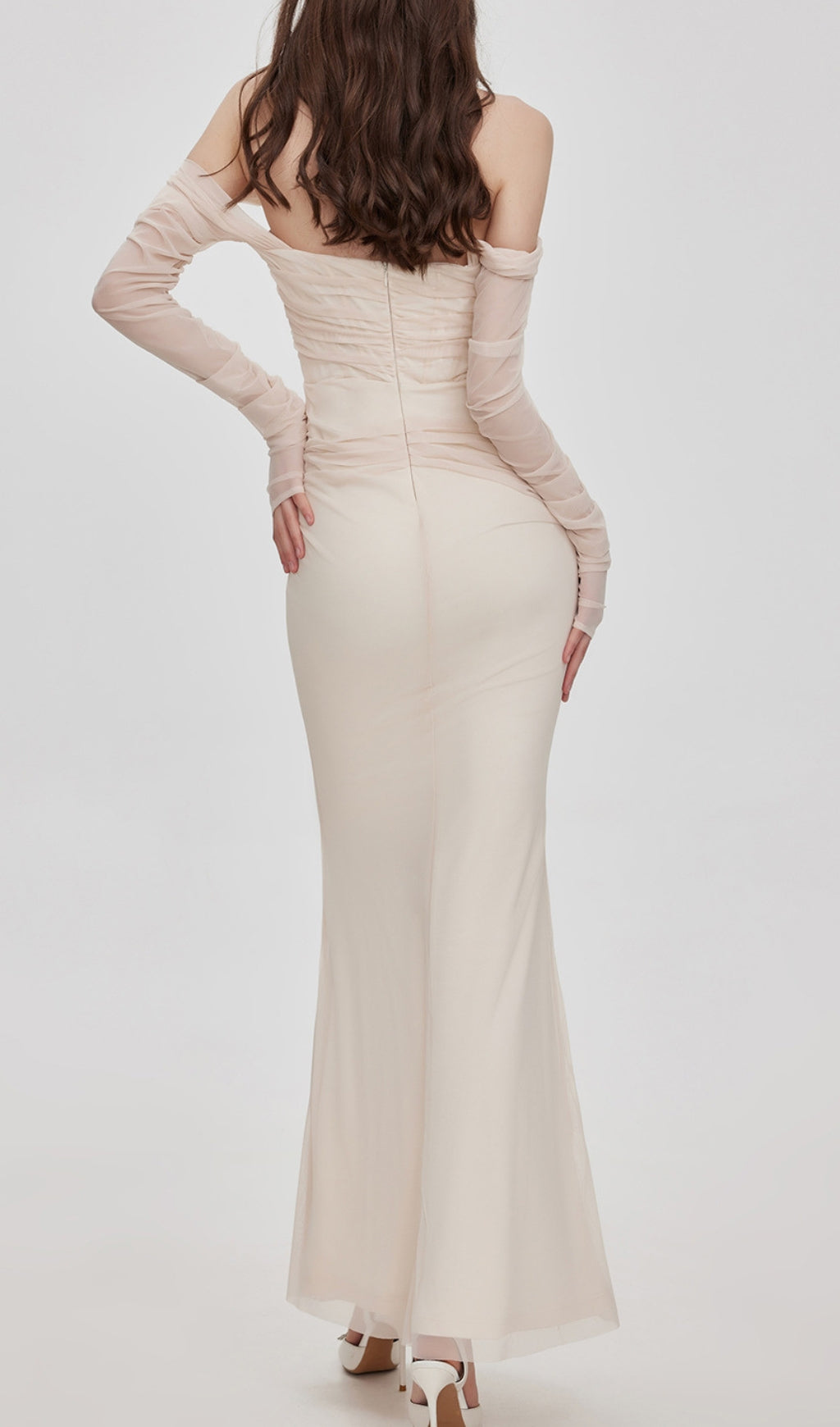 Beba Apricot Off Shoulder Mesh Maxi Dress