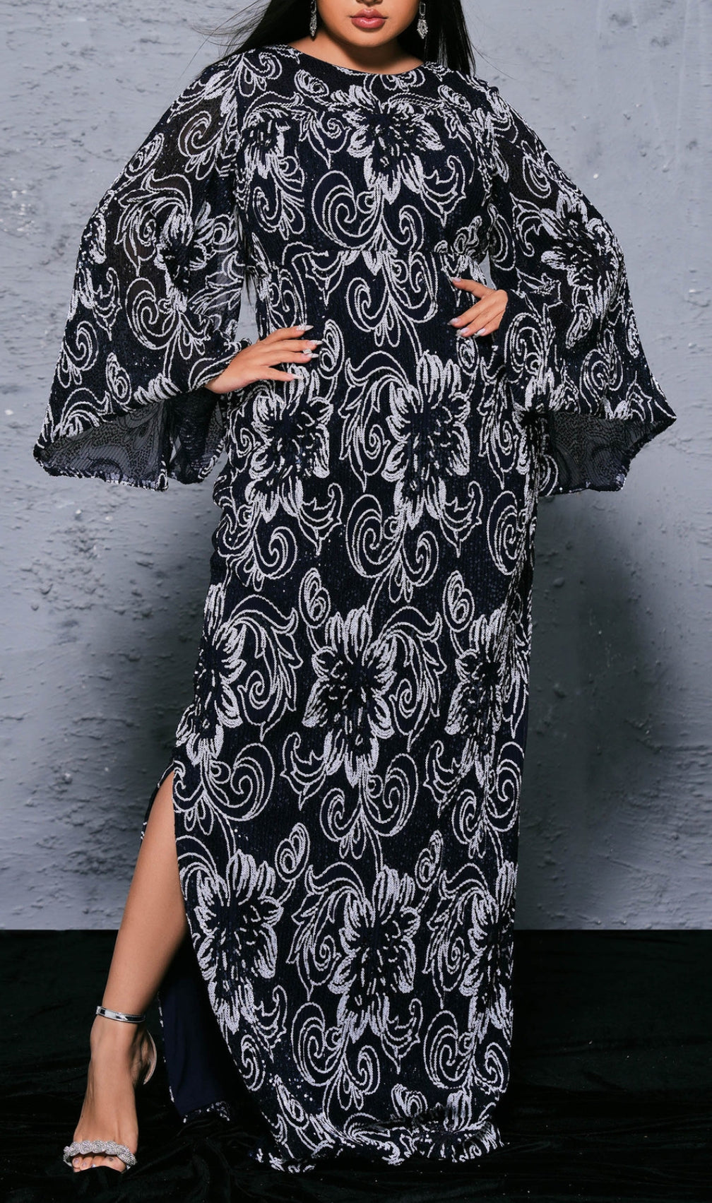 Bechan Black Flower Sequin Long Sleeve Maxi Dress