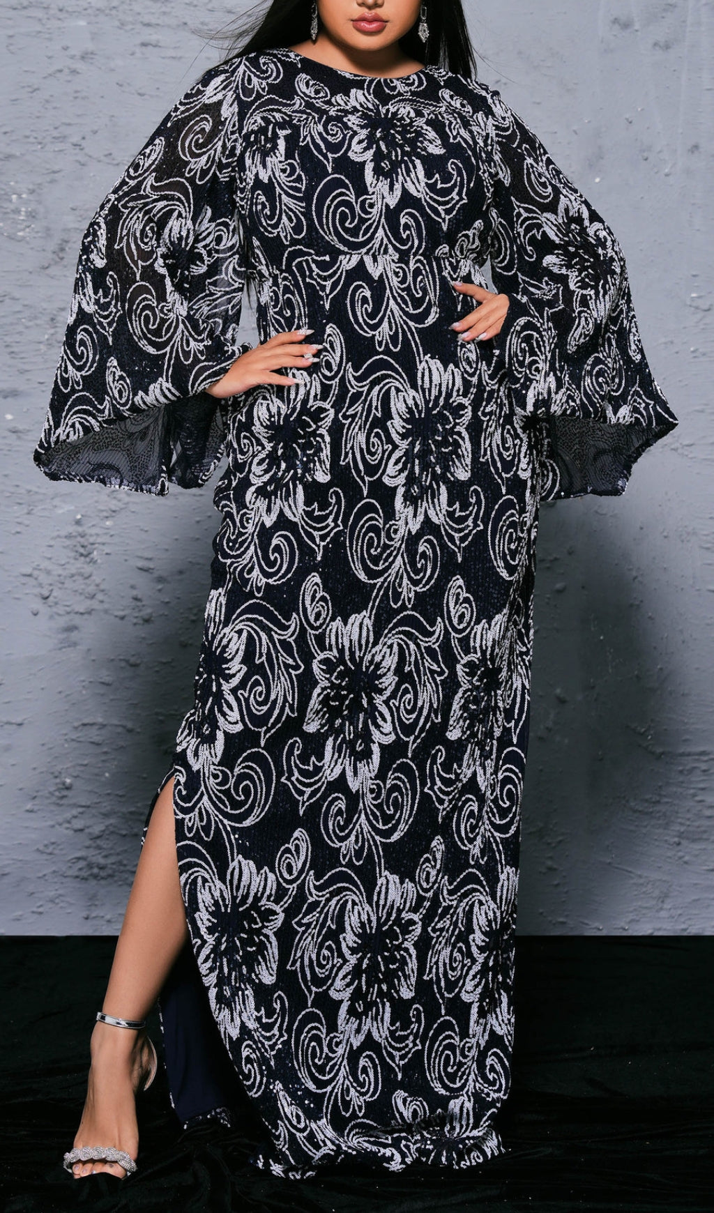 Bechan Black Flower Sequin Long Sleeve Maxi Dress