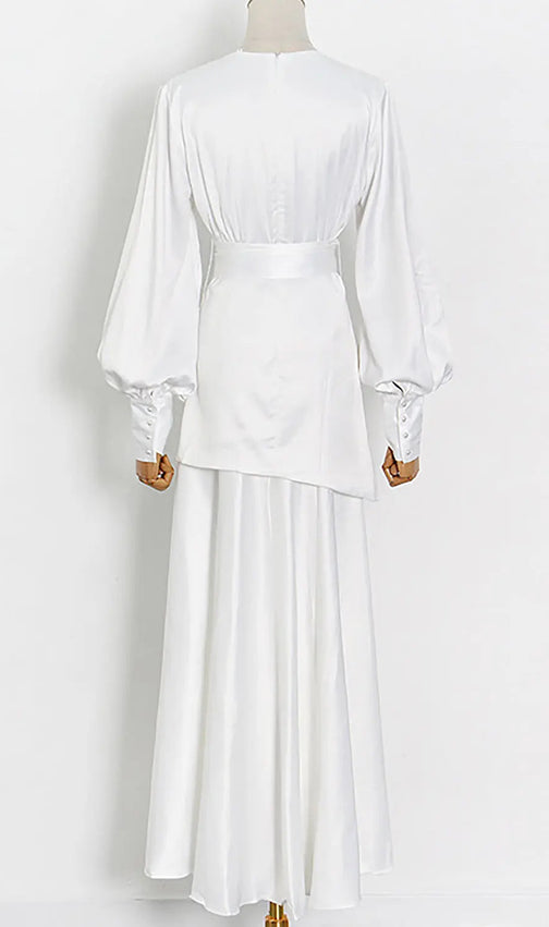 White Deep V Lantern Long Sleeve A-Line Dress