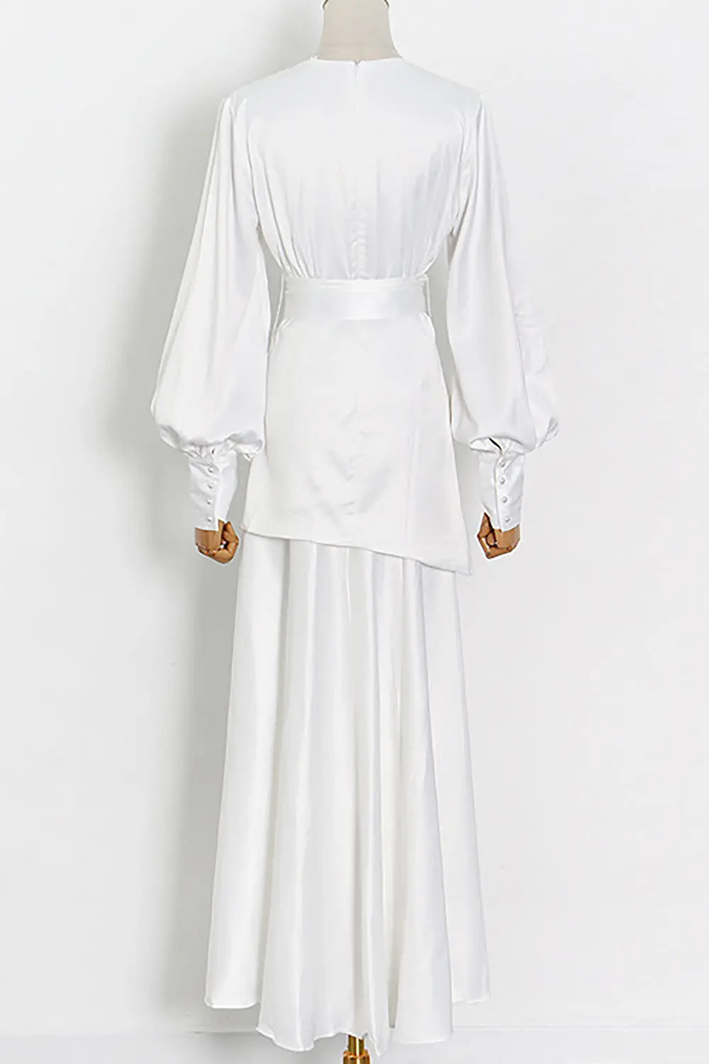 White Deep V Lantern Long Sleeve A-Line Dress