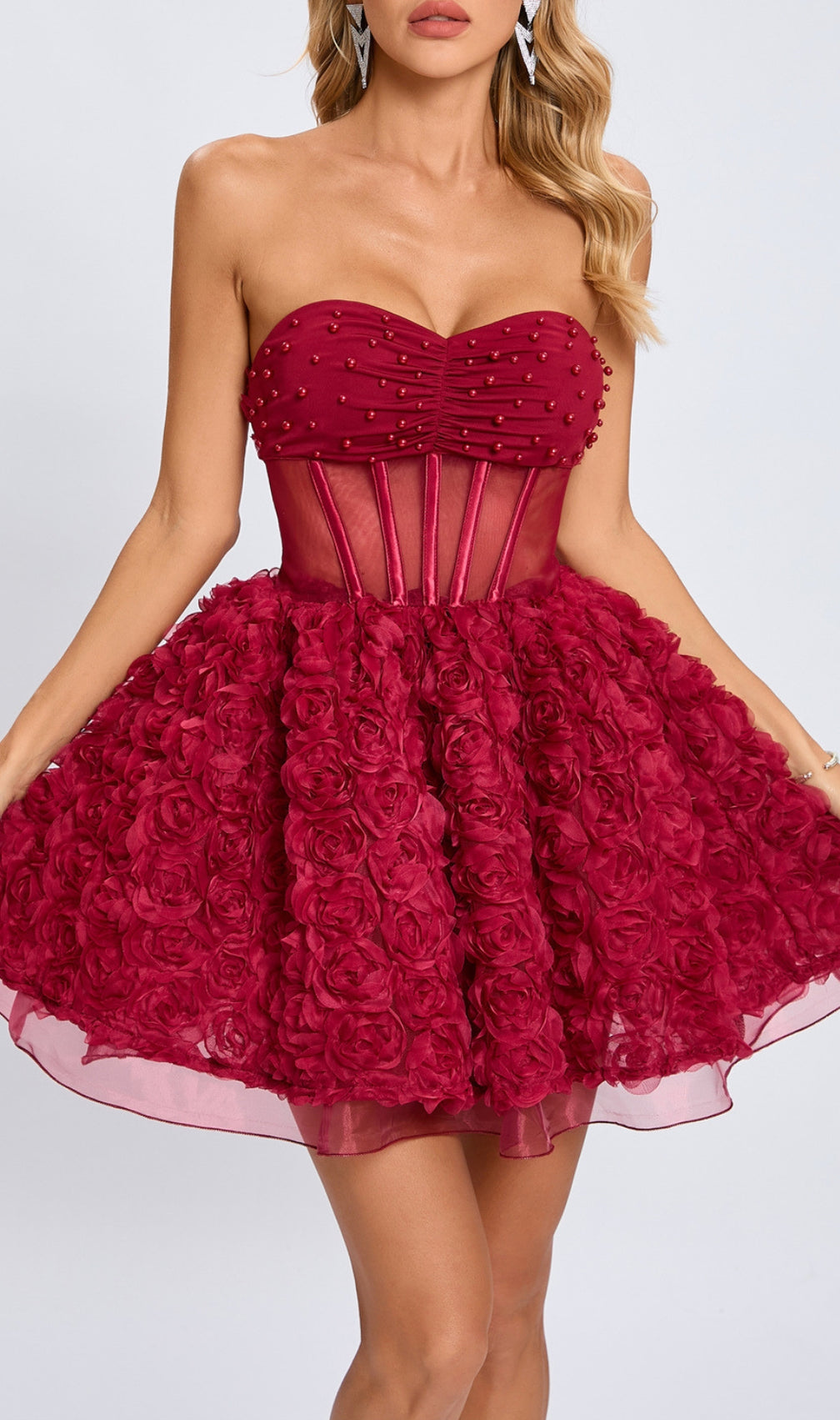 Eustacia Red Strapless Flower Corset Mini Dress