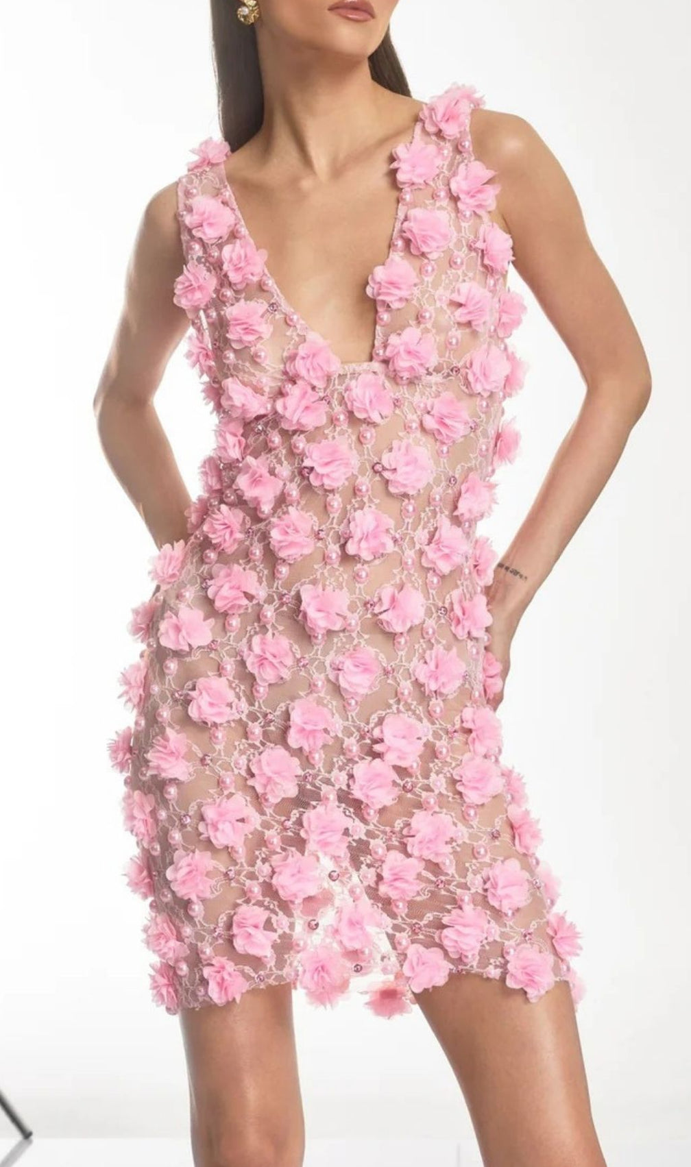 Dalal Sheer Floral Pearl Mini Dress - Romantic & Chic
