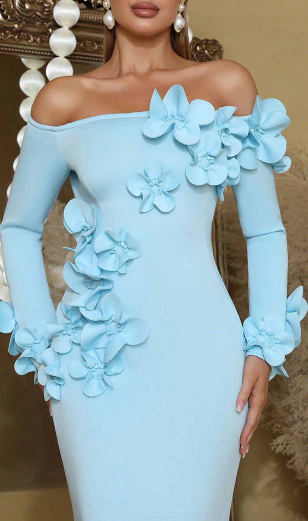 Ethereal Blue Floral Off-Shoulder Maxi Dress | Elegant Wedding Guest Gown