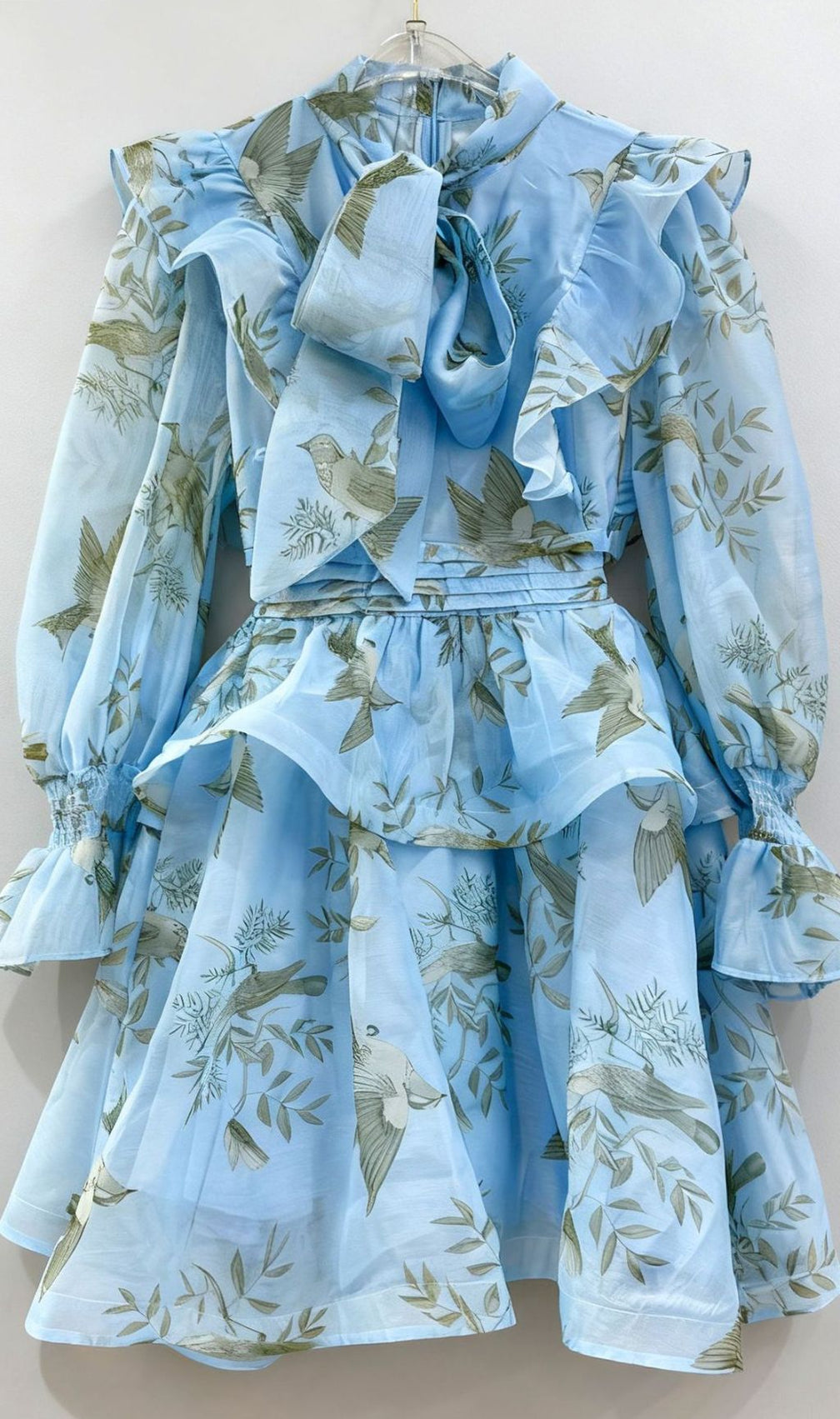 Jorgie Whimsical Bird Print Tiered Long Sleeve Mini Dress