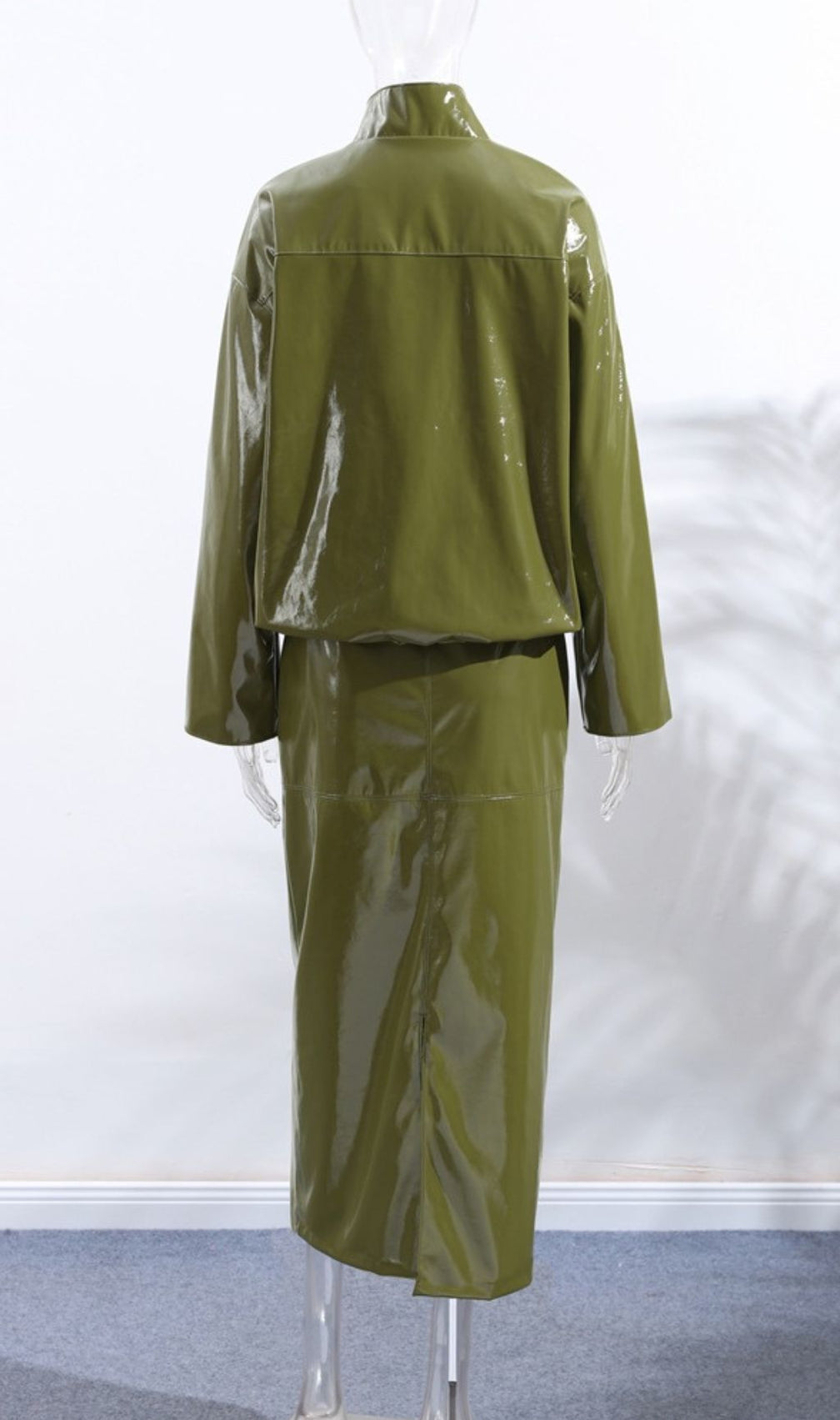 Jehan Glossy PU Leather Bomber Jacket & Midi Skirt Set - Chic Olive Green Co-ord