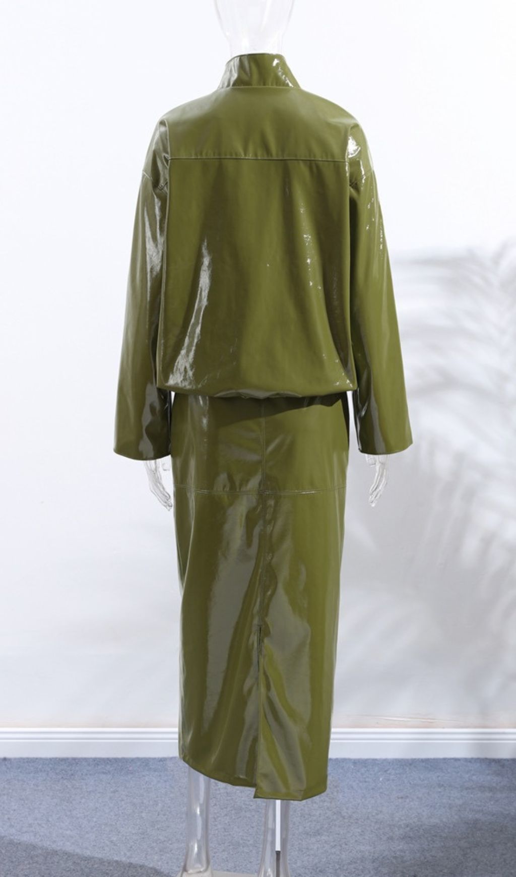 Jehan Glossy PU Leather Bomber Jacket & Midi Skirt Set - Chic Olive Green Co-ord