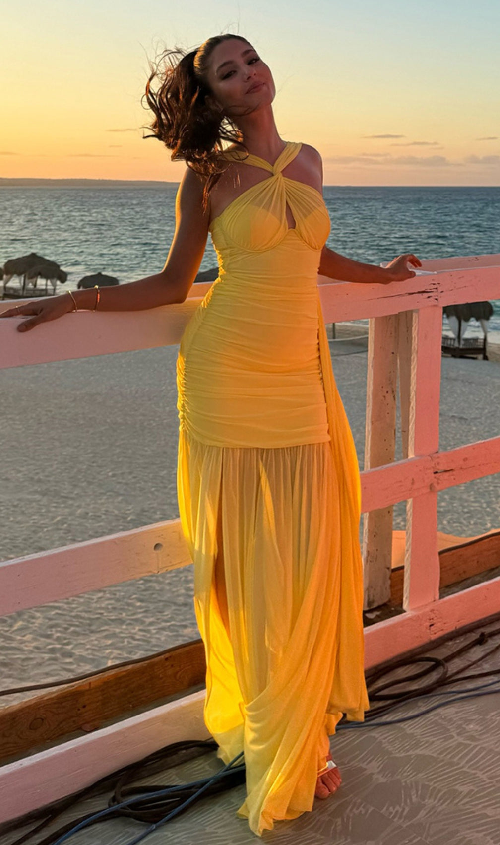 Bryony Yellow Halter Ruched Maxi Dress