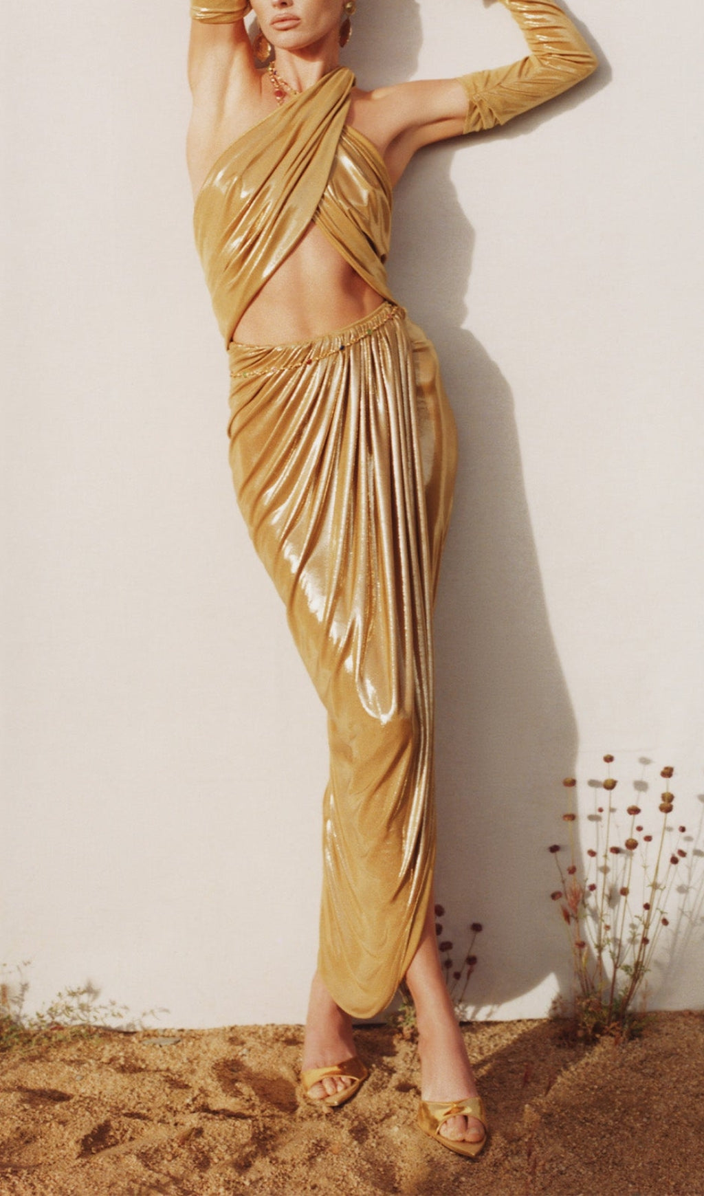 Bodie Gold Halter Long Sleeve Draped Maxi Dress