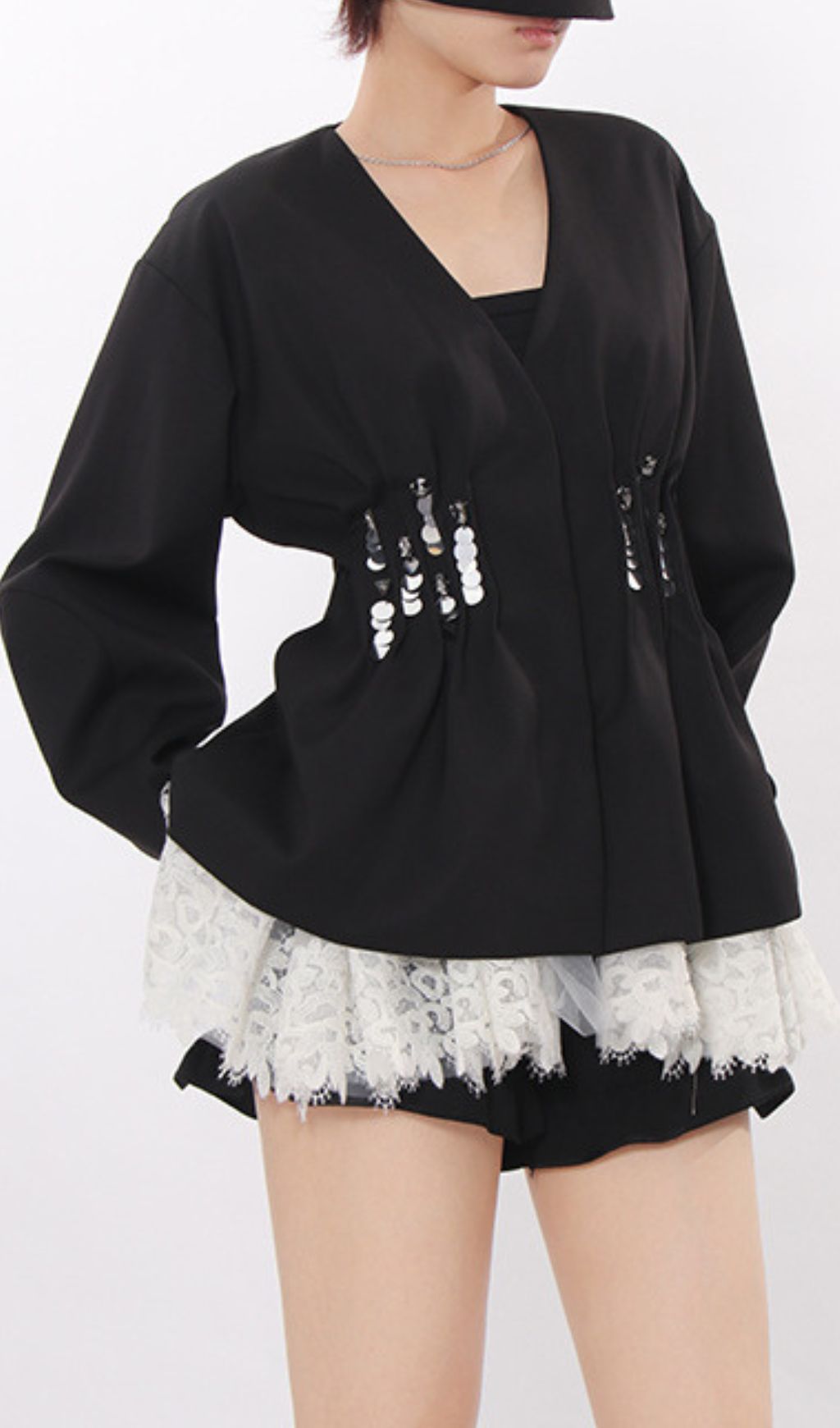 Janina Black Pleated Sequin Embellished Blazer – Chic Lace Patchwork Statement Jacket