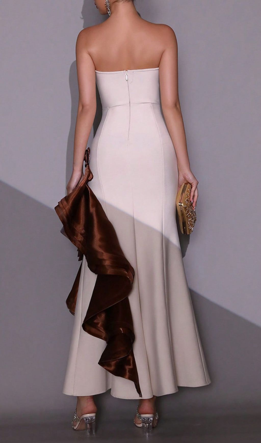 Hadria Luxe Strapless Bandage Maxi Gown with Embellished Satin Cascade