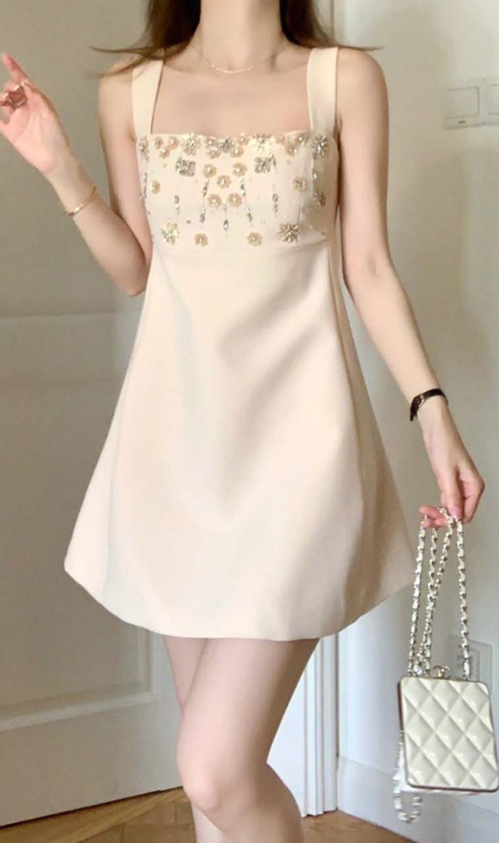 Strappy Crystal Embellished Mini Dress In Beige