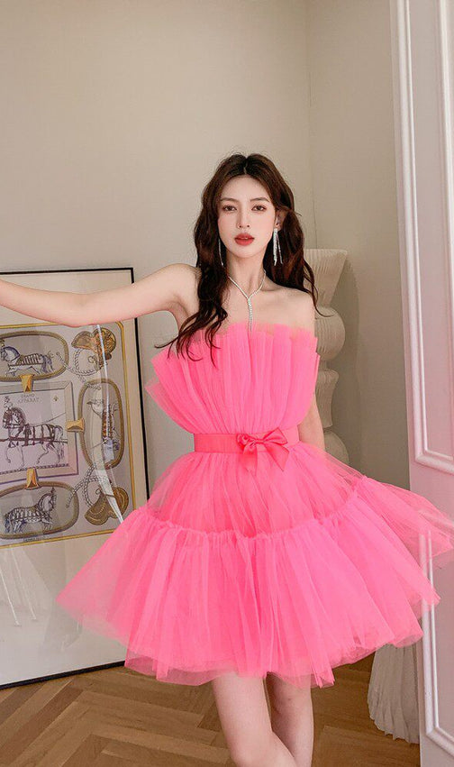 Dreamy Blush Pink Tulle Strapless Mini Dress | Bow Waist Party & Cocktail Dress