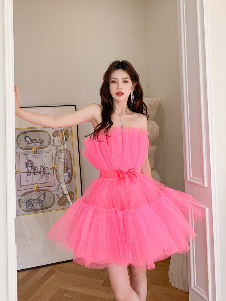 Dreamy Blush Pink Tulle Strapless Mini Dress | Bow Waist Party & Cocktail Dress