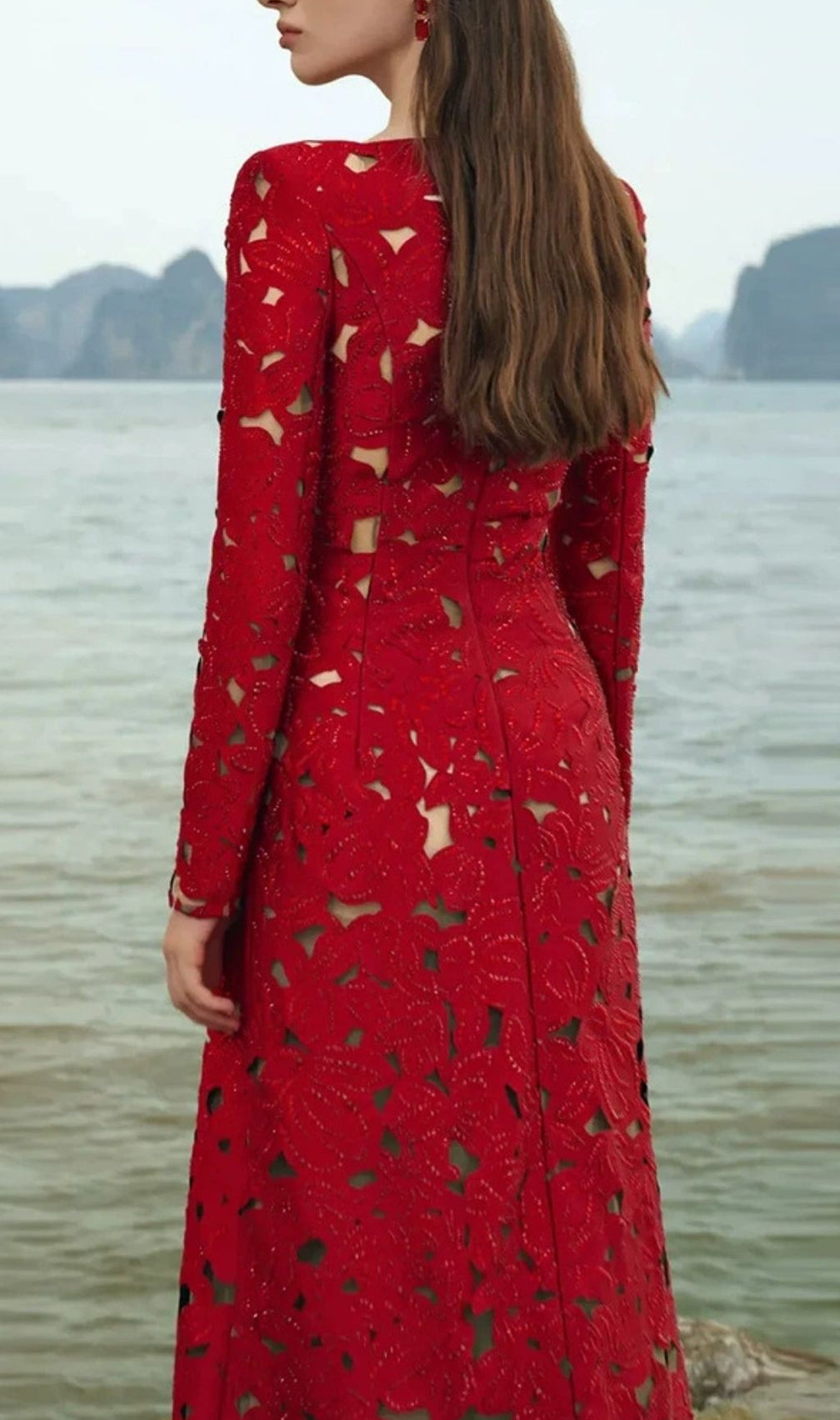 Kwanita Red Diamante Long Sleeve Maxi Dress