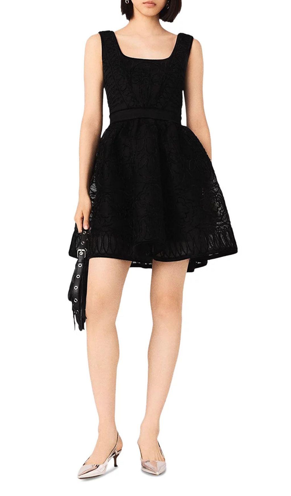 Chic Floral Embroidered Black Lace Skater Dress with Pockets - Square Neck Design