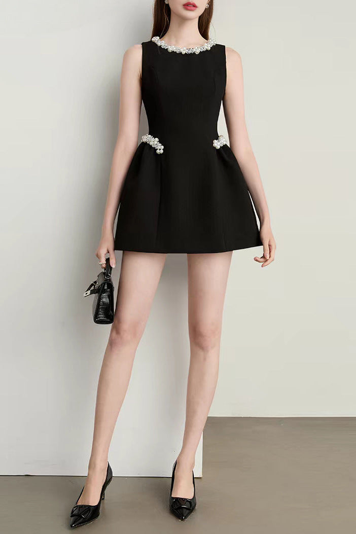 Chic Pearl & Crystal Embellished Black Mini Dress - Sleeveless Party & Cocktail