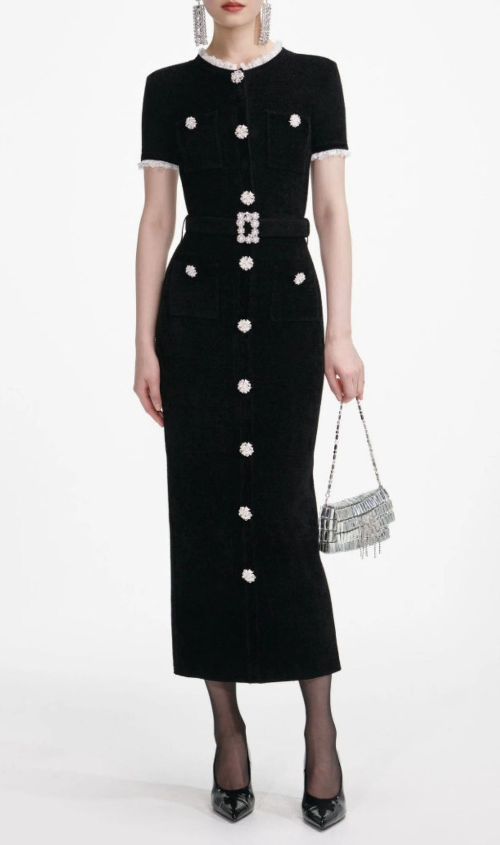Karolyn Elegant Black Knit Midi Dress | White Lace Trim & Crystal Accents